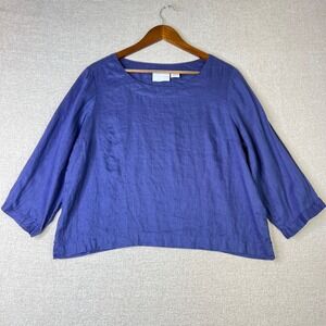 Martha Stewart Collection 100% Linen Women Large Indigo Blue 3/4 Sleeve Top Boho